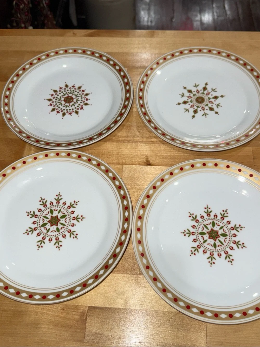Pier 1 White Dinner Plates with Red and Gold Starburst Motif